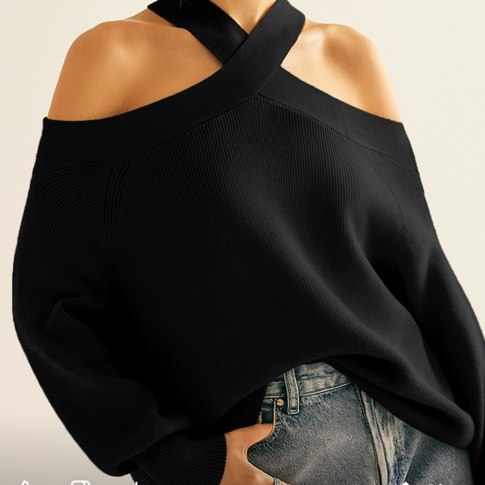 COMMENSE Cross-Over Collar Cold-Shoulder Sweater